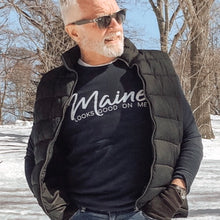 Load image into Gallery viewer, man standing in a snowy landscape wearing a navy blue Maine looks good on me thermal waffle shirt with white letters