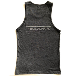dancing looks good on me sleeveless tank top grey shirt with silver sparkle letters back