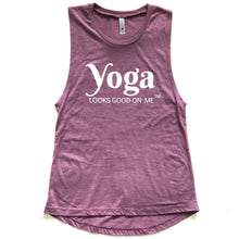 Load image into Gallery viewer, front of purple sleeveless yoga looks good on me tank top with white letters
