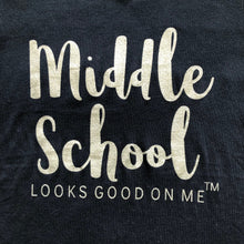 Load image into Gallery viewer, close up of silver sparkle letters on middle school looks good on me t-shirt