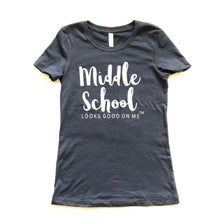 Load image into Gallery viewer, front of a middle school looks good on me navy blue short sleeve t-shirt with silver sparkle letters
