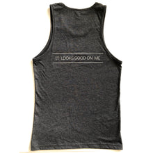 Load image into Gallery viewer, dancing looks good on me sleeveless tank top grey shirt with silver sparkle letters back